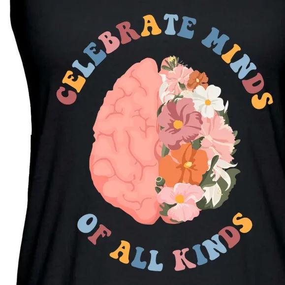 Celebrate Minds Of All Kinds Floral Brain Ladies Essential Flowy Tank