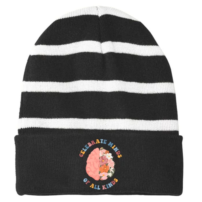 Celebrate Minds Of All Kinds Floral Brain Striped Beanie with Solid Band