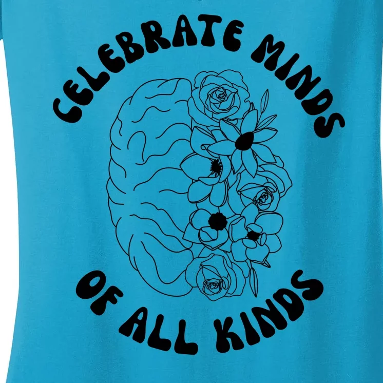 Celebrate Minds Of All Kinds Floral Brain Women's V-Neck T-Shirt