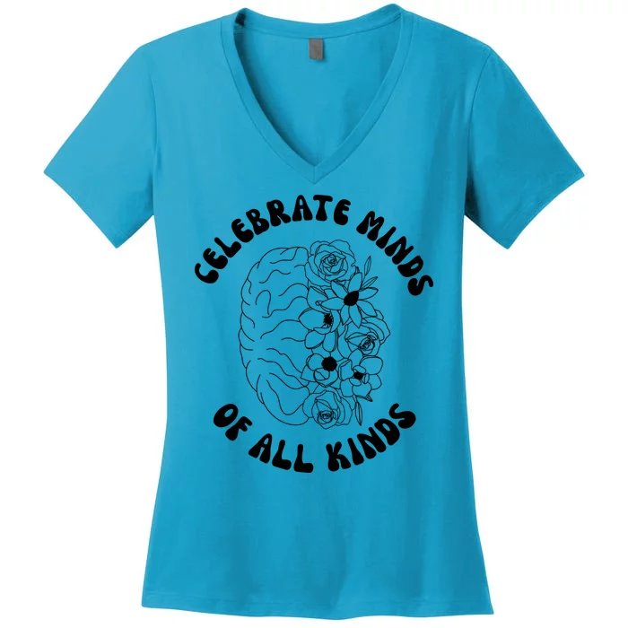 Celebrate Minds Of All Kinds Floral Brain Women's V-Neck T-Shirt