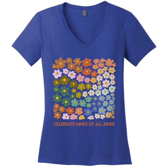 Celebrate Minds Of All Kinds Flowers Neurodiversity Autism Gift Women's V-Neck T-Shirt