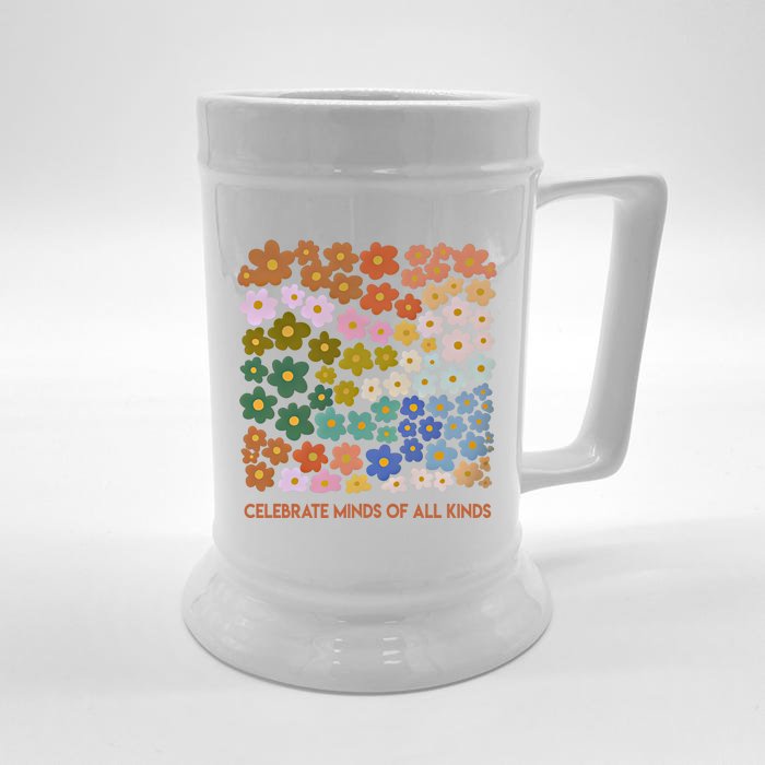 Celebrate Minds Of All Kinds Flowers Neurodiversity Autism Gift Front & Back Beer Stein