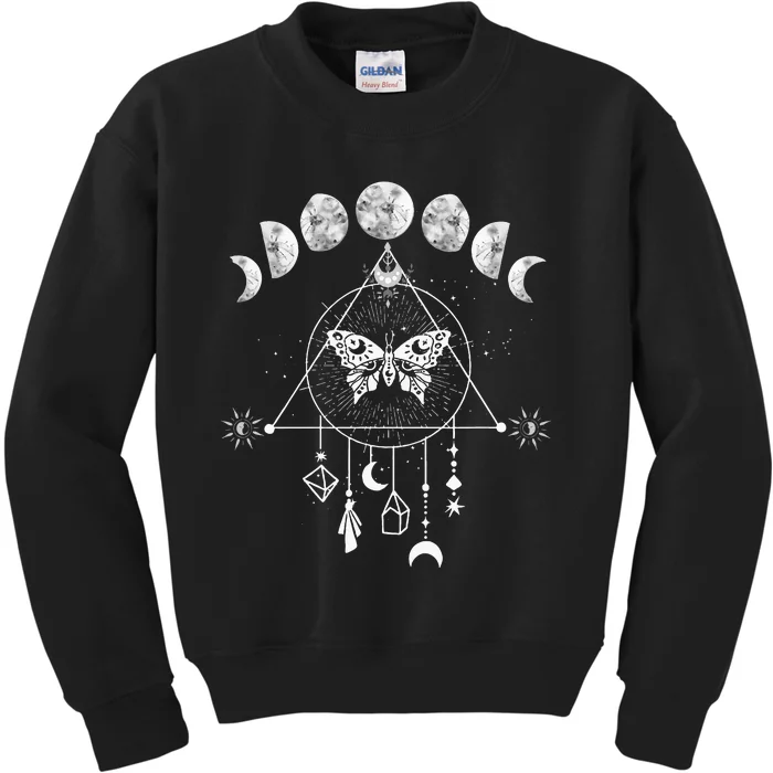 Celestial Moon Phase Moth Crystals Stars Kids Sweatshirt