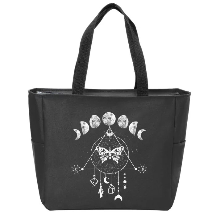 Celestial Moon Phase Moth Crystals Stars Zip Tote Bag