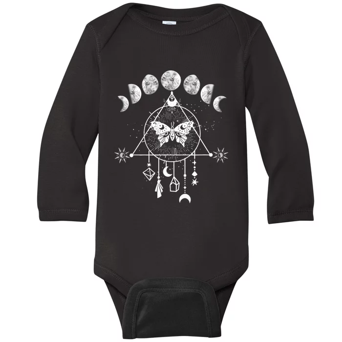 Celestial Moon Phase Moth Crystals Stars Vintage Design Baby Long Sleeve Bodysuit