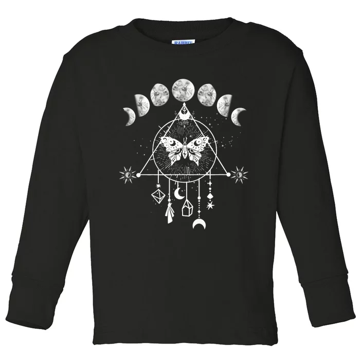 Celestial Moon Phase Moth Crystals Stars Vintage Design Toddler Long Sleeve Shirt