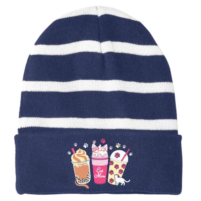 Cat Mom Paw Frappuccino Cute Striped Beanie with Solid Band