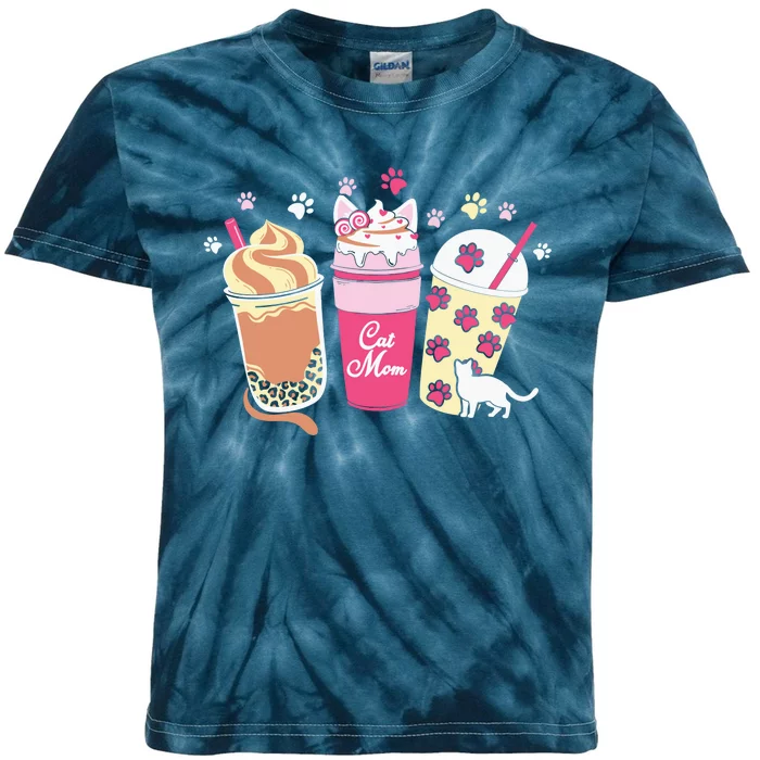 Cat Mom Paw Frappuccino Cute Kids Tie-Dye T-Shirt