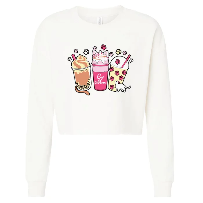 Cat Mom Paw Frappuccino Cute Cropped Pullover Crew