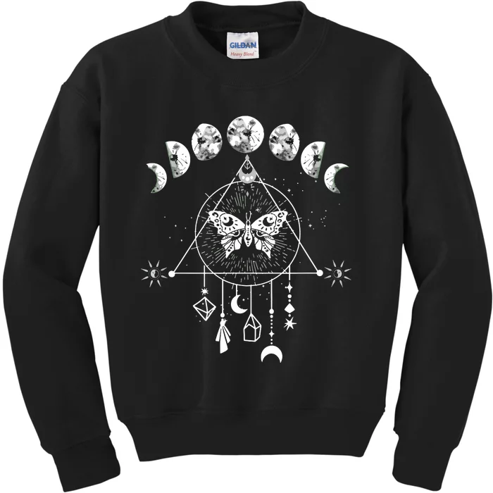 Celestial Moon Phase Moth Crystals Stars Vintage Design Kids Sweatshirt