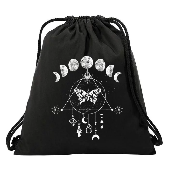 Celestial Moon Phase Moth Crystals Stars Vintage Design Drawstring Bag