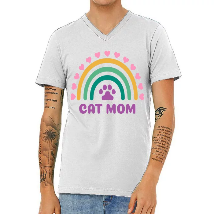 Cat Mom Rainbow Heart V-Neck T-Shirt