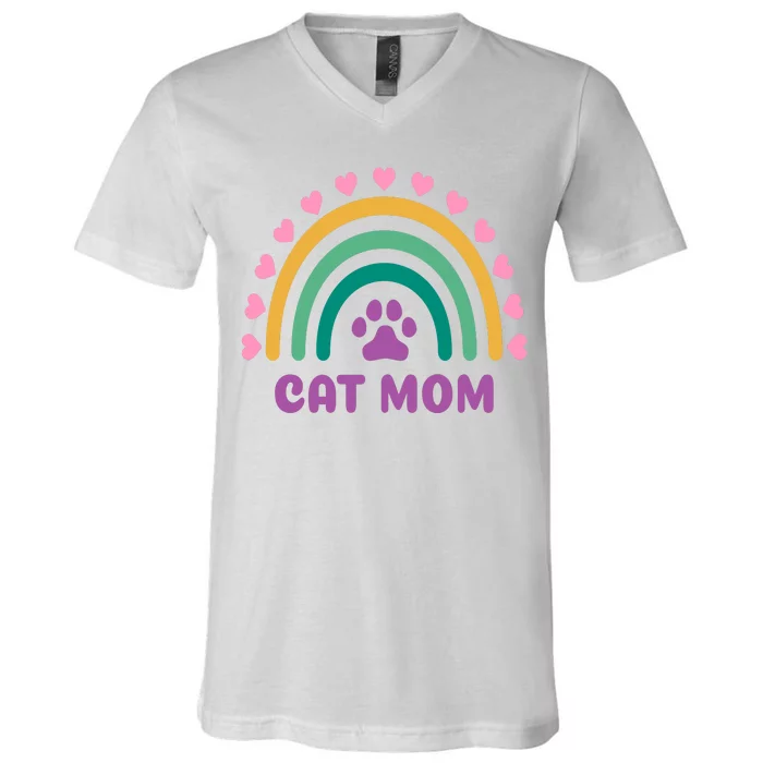 Cat Mom Rainbow Heart V-Neck T-Shirt