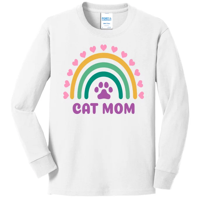 Cat Mom Rainbow Heart Kids Long Sleeve Shirt