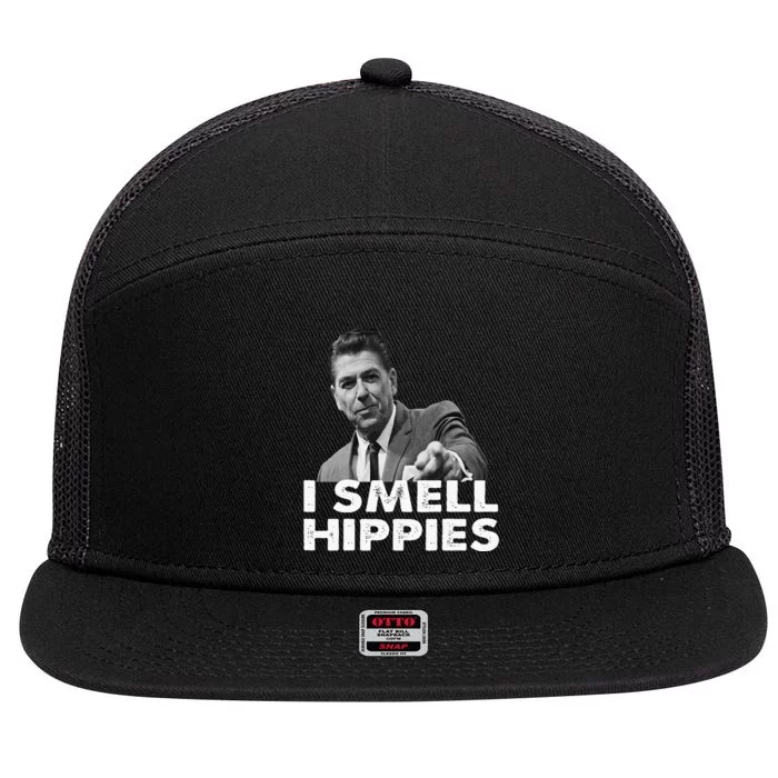 Conservative Merica Ronald Reagan I Smell Hippies 7 Panel Mesh Trucker Snapback Hat