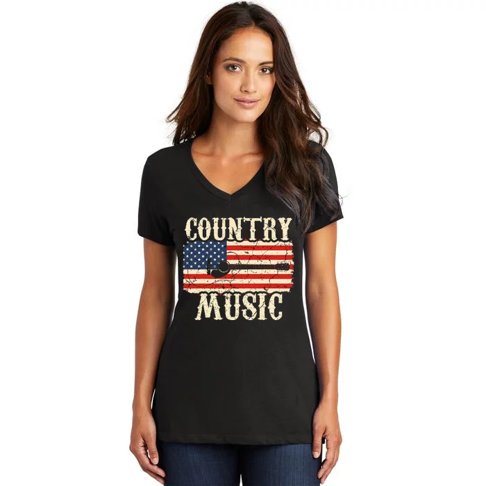 Country Music Retro Vintage Guitar American Flag Women's V-Neck T-Shirt