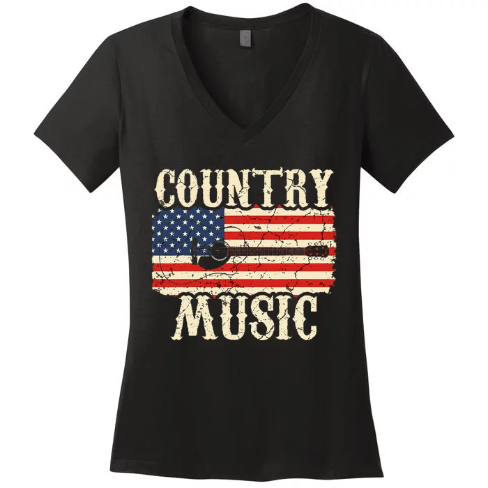 Country Music Retro Vintage Guitar American Flag Women's V-Neck T-Shirt