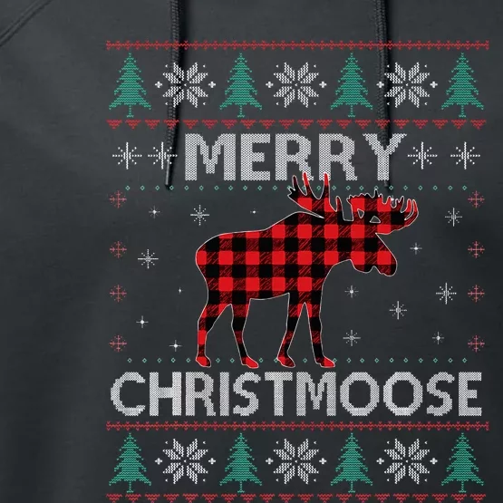 Christmas Moose Red Plaid Ugly Sweater Performance Fleece Hoodie