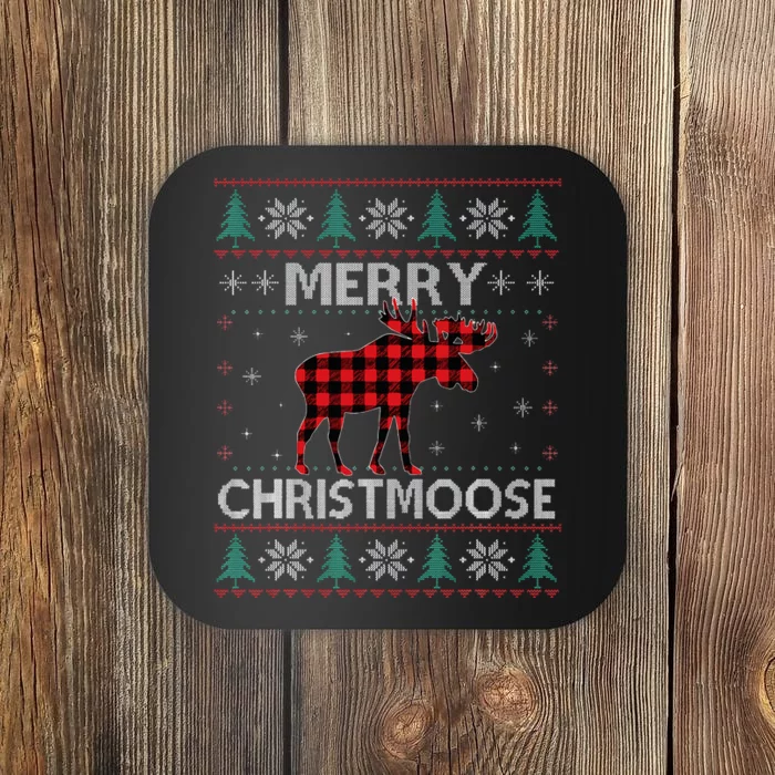 Christmas Moose Red Plaid Ugly Sweater Coaster