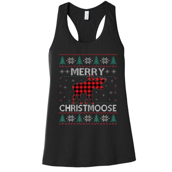 Christmas Moose Red Plaid Ugly Sweater Women's Racerback Tank