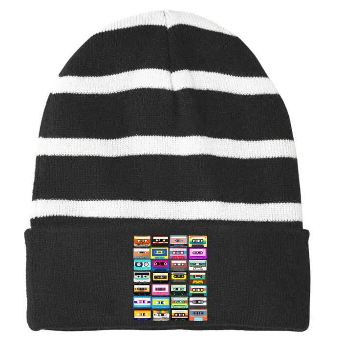 Cassette Mixtape Retro 1980s 1990s Music Vintage Graphic Striped Beanie with Solid Band