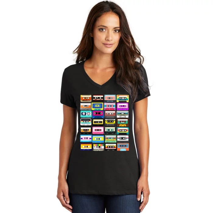 Cassette Mixtape Retro 1980s 1990s Music Vintage Graphic Women's V-Neck T-Shirt