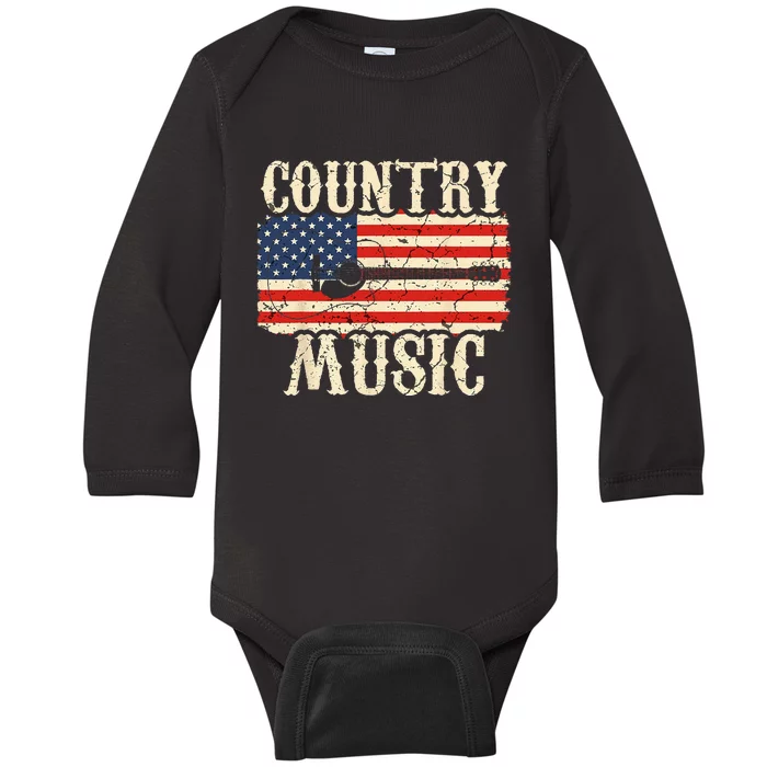 Country Music Retro Vintage Guitar American Flag Baby Long Sleeve Bodysuit