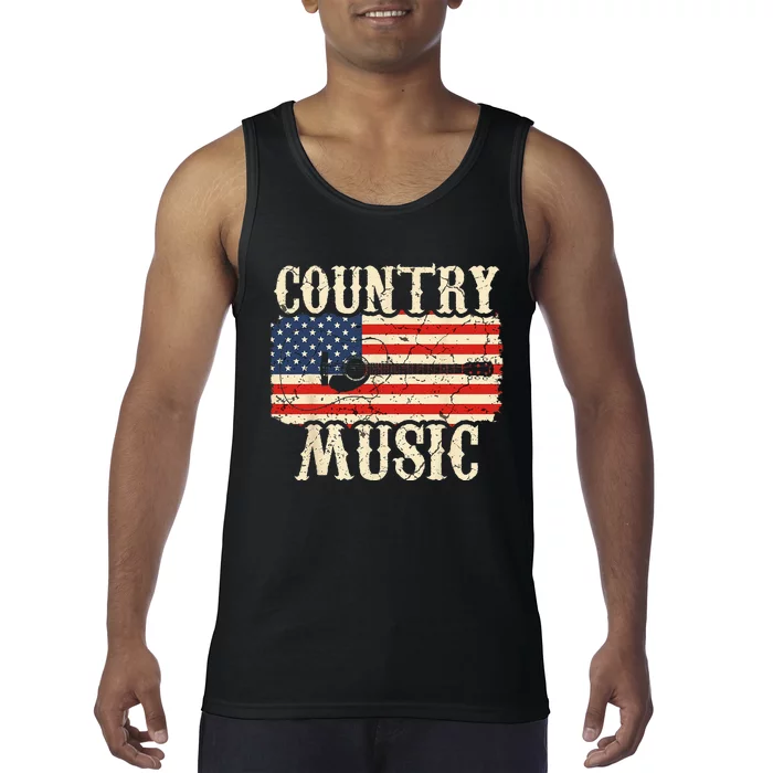 Country Music Retro Vintage Guitar American Flag Tank Top