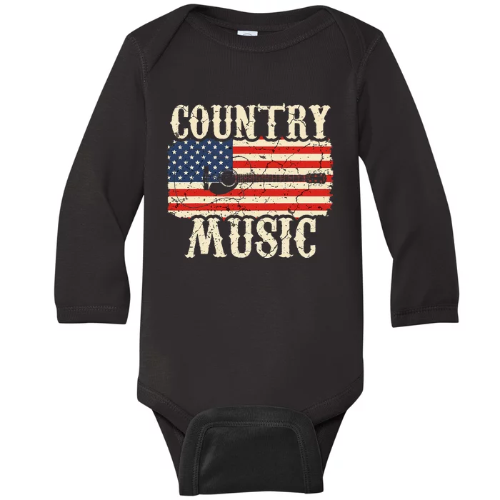 Country Music Retro Vintage Guitar American Flag Baby Long Sleeve Bodysuit