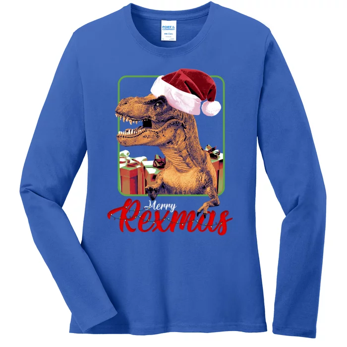 Christmas Merry Rexmas Dinosaur W/ SantaS Hat Tree Rex Great Gift Ladies Long Sleeve Shirt