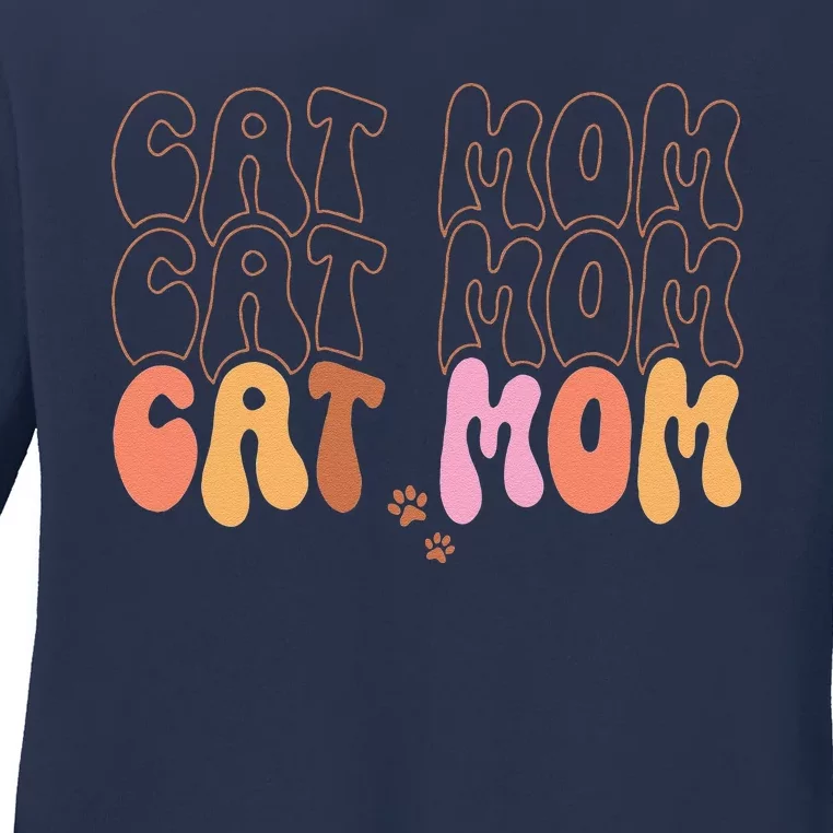 Cat Mom Retro Groovy Cats Adoption Mother's Day Ladies Long Sleeve Shirt