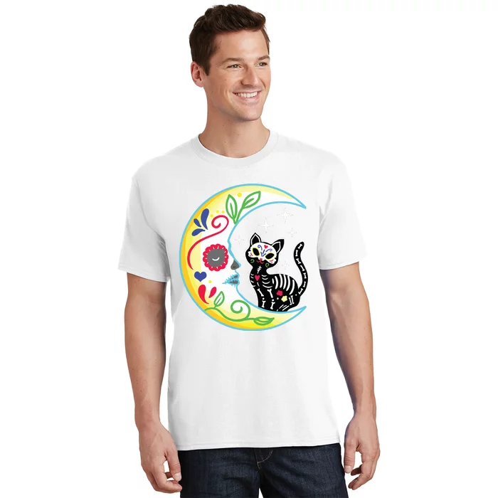 Cat Moon Sugar Skull Dia De Los Muertos Day Of The Dead T-Shirt