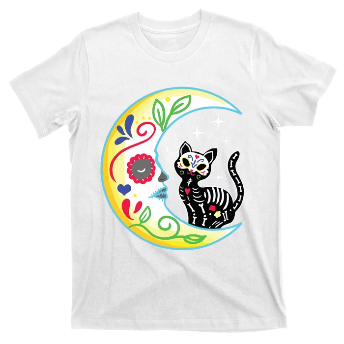 Cat Moon Sugar Skull Dia De Los Muertos Day Of The Dead T-Shirt