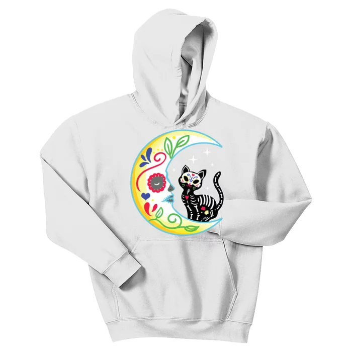 Cat Moon Sugar Skull Dia De Los Muertos Day Of The Dead Kids Hoodie