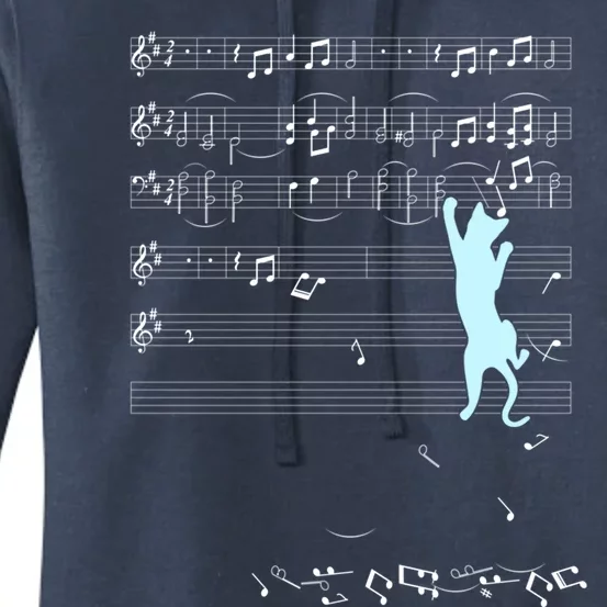 Cat Music Sheet Musical Notes Climbing Kitten Silhouette Gift Women's Pullover Hoodie