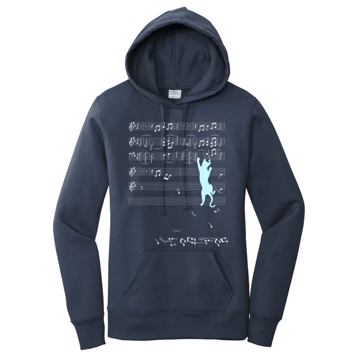 Cat Music Sheet Musical Notes Climbing Kitten Silhouette Gift Women's Pullover Hoodie