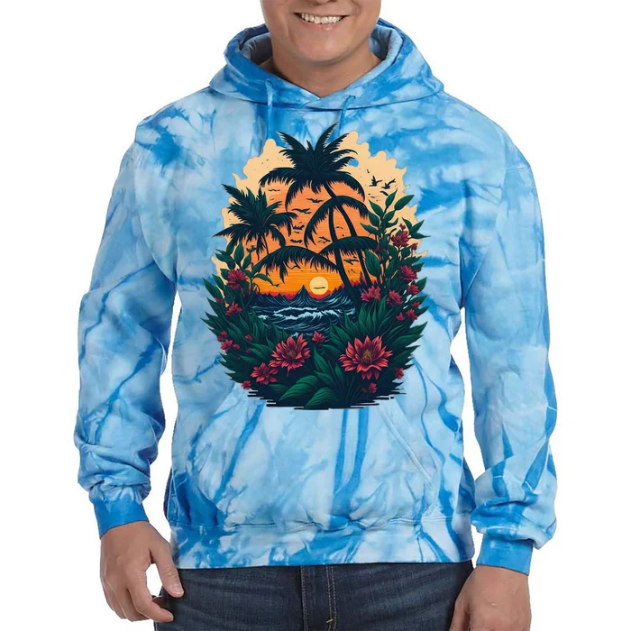 Cute Mountain Sunset Palm Trees Ocean Graphic Tie Dye Hoodie