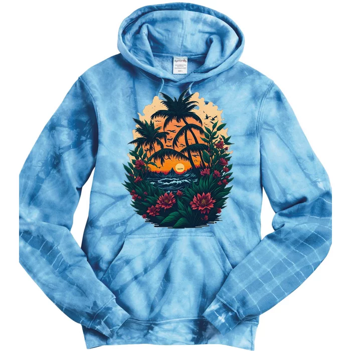 Cute Mountain Sunset Palm Trees Ocean Graphic Tie Dye Hoodie