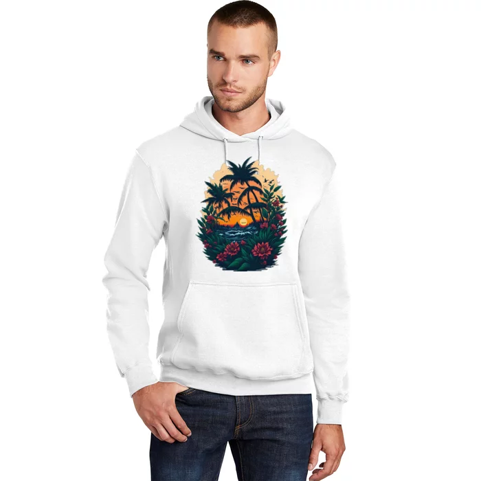 Cute Mountain Sunset Palm Trees Ocean Graphic Hoodie