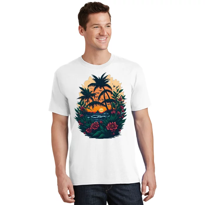 Cute Mountain Sunset Palm Trees Ocean Graphic T-Shirt