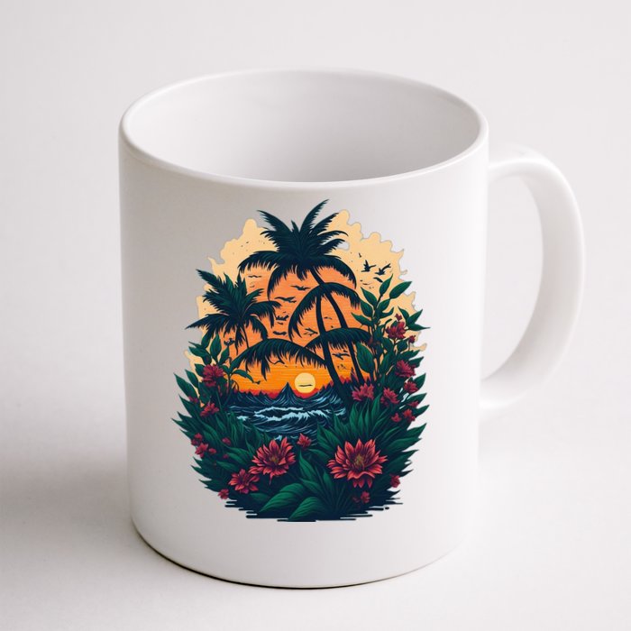 Cute Mountain Sunset Palm Trees Ocean Graphic Front & Back Coffee Mug