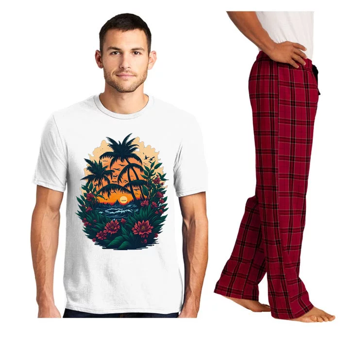 Cute Mountain Sunset Palm Trees Ocean Graphic Pajama Set