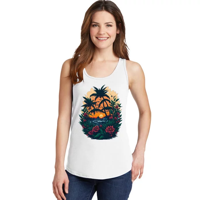 Cute Mountain Sunset Palm Trees Ocean Graphic Ladies Essential Tank