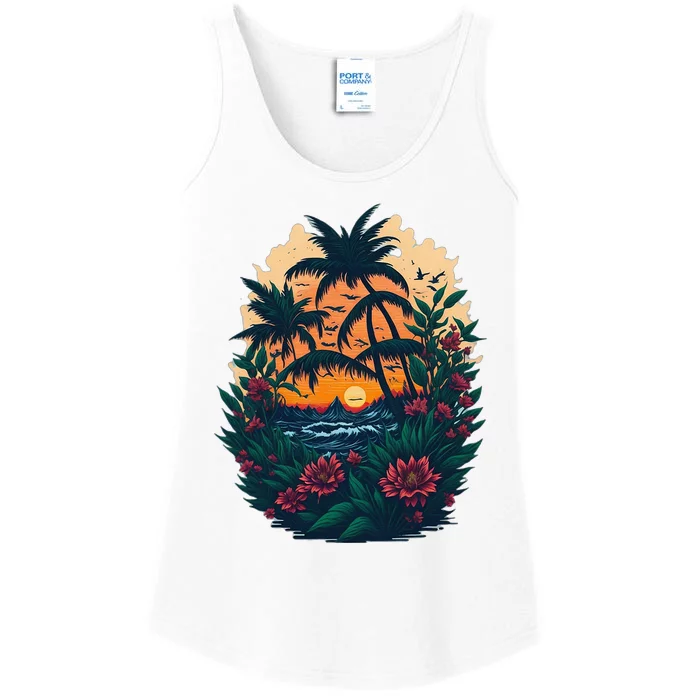 Cute Mountain Sunset Palm Trees Ocean Graphic Ladies Essential Tank