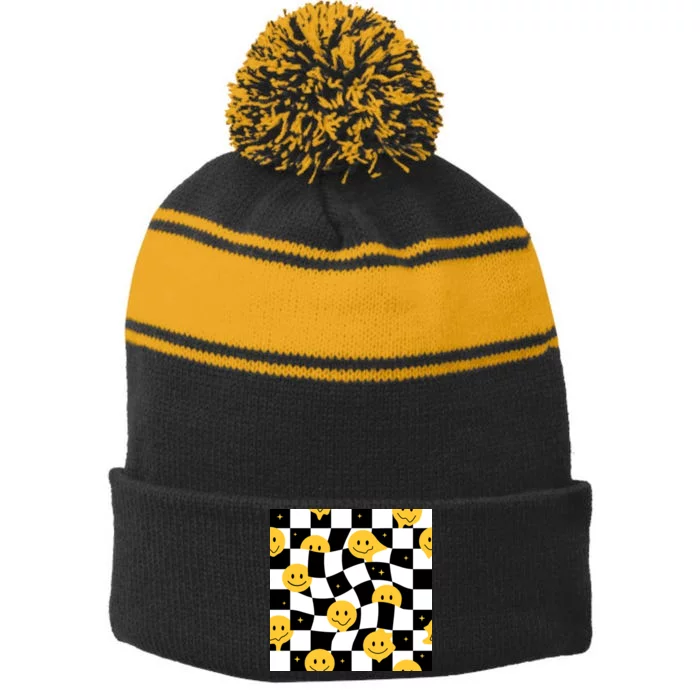 Crazy Melt Smile Faces Pattern Stripe Pom Pom Beanie