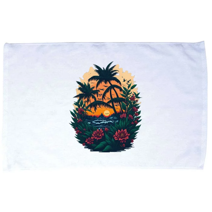 Cute Mountain Sunset Palm Trees Ocean Microfiber Hand Towel