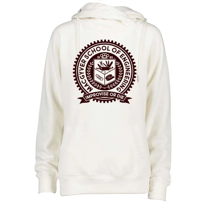 Cool MacGyver School Of Engineering Improvise Or Die EST 1985 Emblem Womens Funnel Neck Pullover Hood