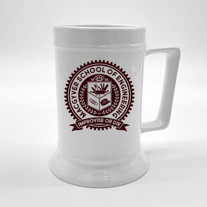 Cool MacGyver School Of Engineering Improvise Or Die EST 1985 Emblem Front & Back Beer Stein