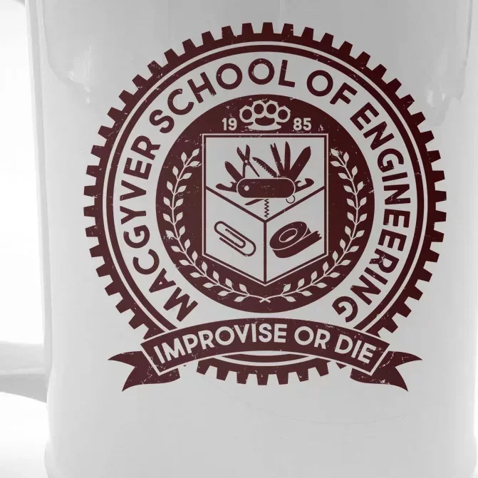 Cool MacGyver School Of Engineering Improvise Or Die EST 1985 Emblem Front & Back Beer Stein