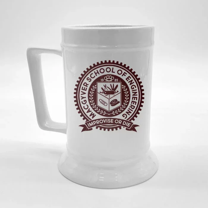 Cool MacGyver School Of Engineering Improvise Or Die EST 1985 Emblem Front & Back Beer Stein